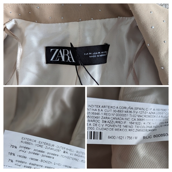 New Zara embellished rhinestone semi dropped blazer beige tan neutral sparkle - Picture 6 of 15